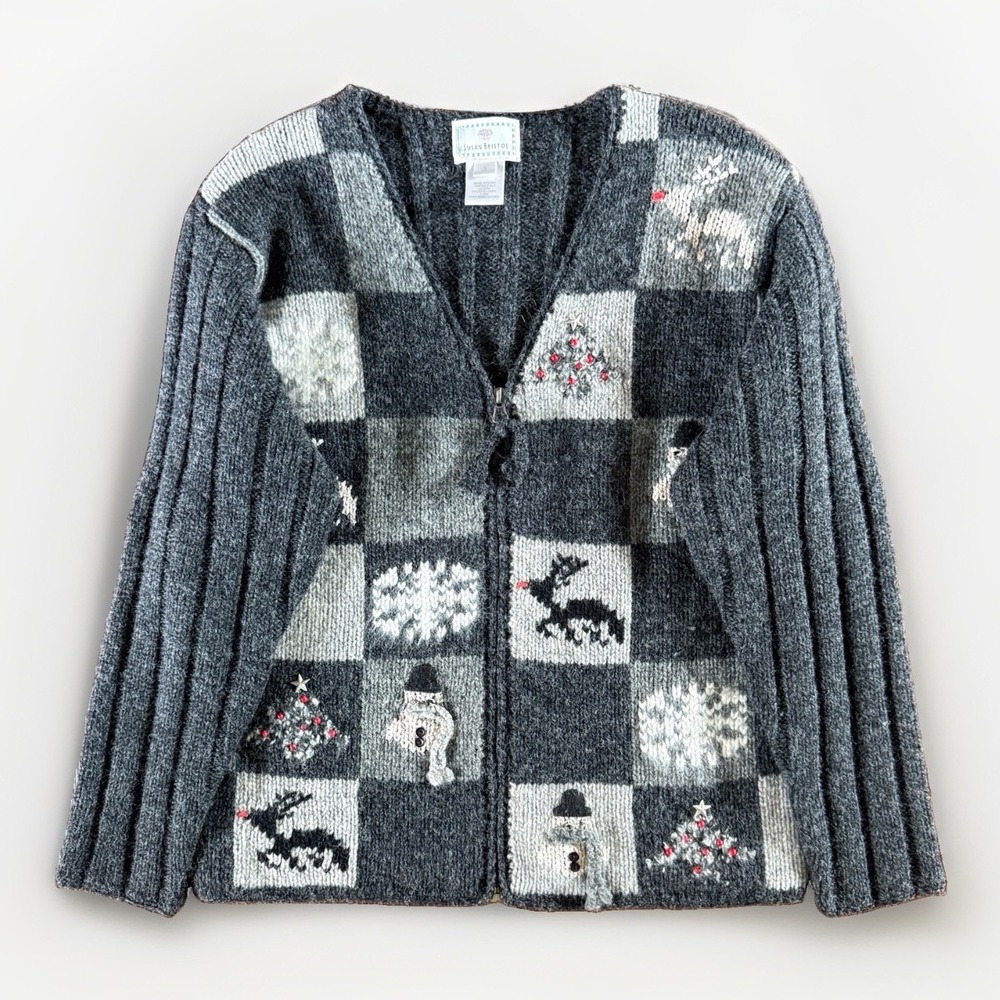 VTG Susan Bristol Hand Embroidered Wool Christmas Sweater S Check Gray Reindeer